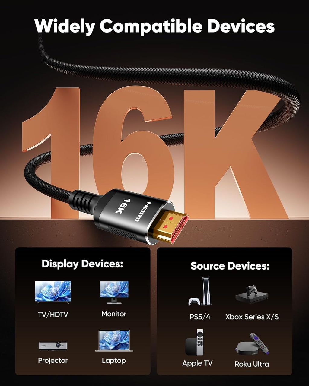 Snowkids 16K 10K 8K HDMI Cable 96Gbps 6.6FT/2M, 48Gbps Ultra High-Speed HDMI Cables Cord, 8K@120Hz, 4K@240Hz HDCP 2.3 & Dynamic HDR Compatible for TV/Monitor/Projector/Entertainment & More
