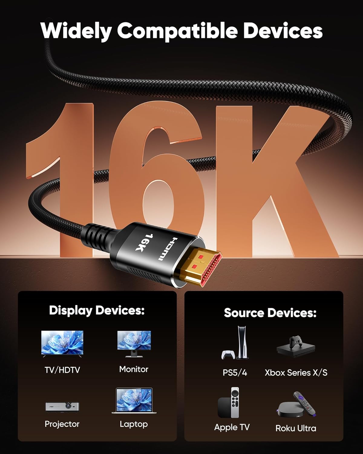 Snowkids 16K 10K 8K HDMI Cable 96Gbps 6.6FT/2M, 48Gbps Ultra High-Speed HDMI Cables Cord, 8K@120Hz, 4K@240Hz HDCP 2.3 & Dynamic HDR Compatible for TV/Monitor/Projector/Entertainment & More