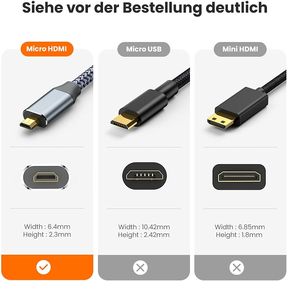 Snowkids Micro HDMI Cable 1.8 m, Micro HDMI to HDMI Cable with Ethernet, 4K Ultra HD, 3D, Full HD, 1080p, HDR, ARC, High Speed Cable, 2 Metres, Compatible with HDMI Standard 2.0a/b, 2.0, 1.4a