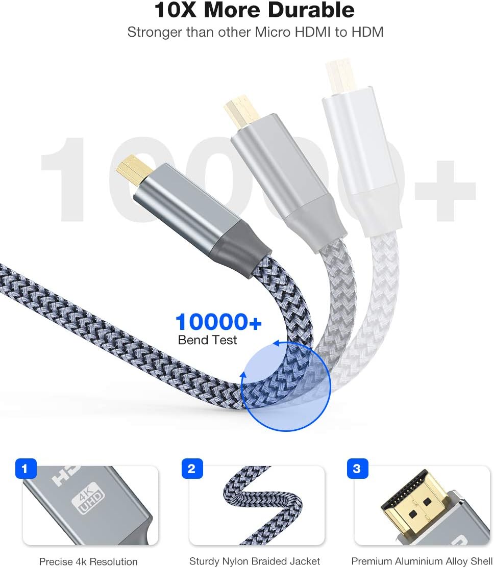 Snowkids Micro HDMI Cable 1.8 m, Micro HDMI to HDMI Cable with Ethernet, 4K Ultra HD, 3D, Full HD, 1080p, HDR, ARC, High Speed Cable, 2 Metres, Compatible with HDMI Standard 2.0a/b, 2.0, 1.4a