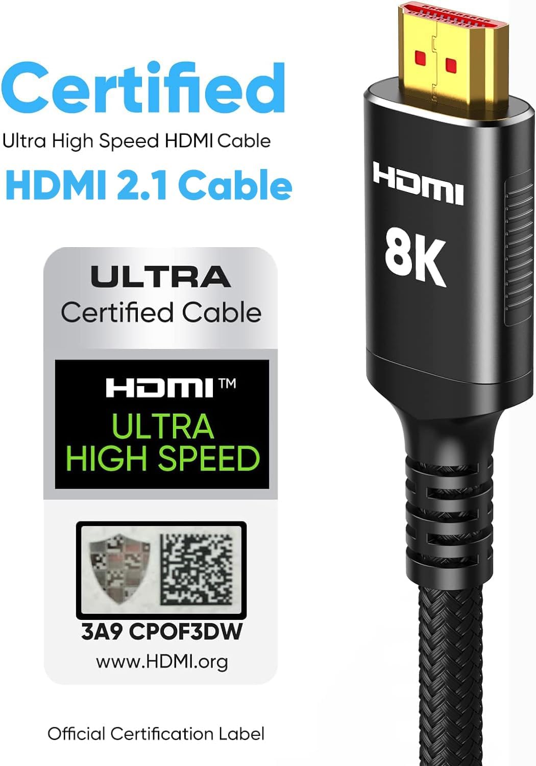 Snowkids 8K Certified HDMI 2.1 Cable 10 ft, Non-Slip Nylon Braided, 48Gbps Ultra High-Speed HDMI Cables Cord, 10K 8K@60Hz, 4K@120Hz Compatible for TV/PS-5/X-box/Projector/Sound System & More