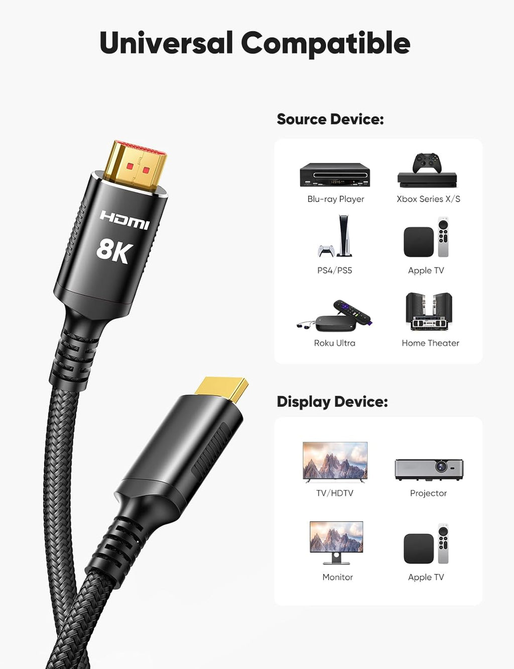 Snowkids 8K Certified HDMI 2.1 Cable 10 ft, Non-Slip Nylon Braided, 48Gbps Ultra High-Speed HDMI Cables Cord, 10K 8K@60Hz, 4K@120Hz Compatible for TV/PS-5/X-box/Projector/Sound System & More