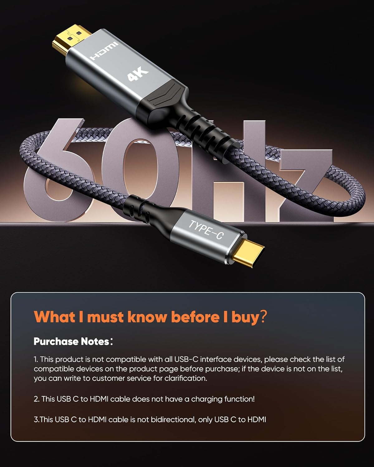 USB C to HDMI Cable 6ft 4K 60Hz, Snowkids 4K [Anti-Interference, Gold-Plated] USB Type C to HDMI Cable Thunderbolt 3/4 Compatible for Mac-Book Pro/Air, i-Pad Pro, Android Ga-laxy s22/S20, Surface Pro