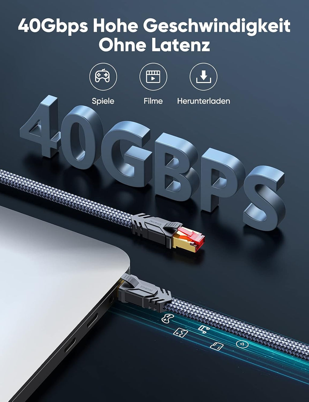 Snowkids Cat 8 Network Cable 5 m, 40 Gbps LAN Cable High Speed 2000 MHz S/FTP Ethernet Cable POE Gigabit RJ45 Nylon Braided Gold-Plated Patch Cable for PS5/4 Router Modem TV Switch Laptop