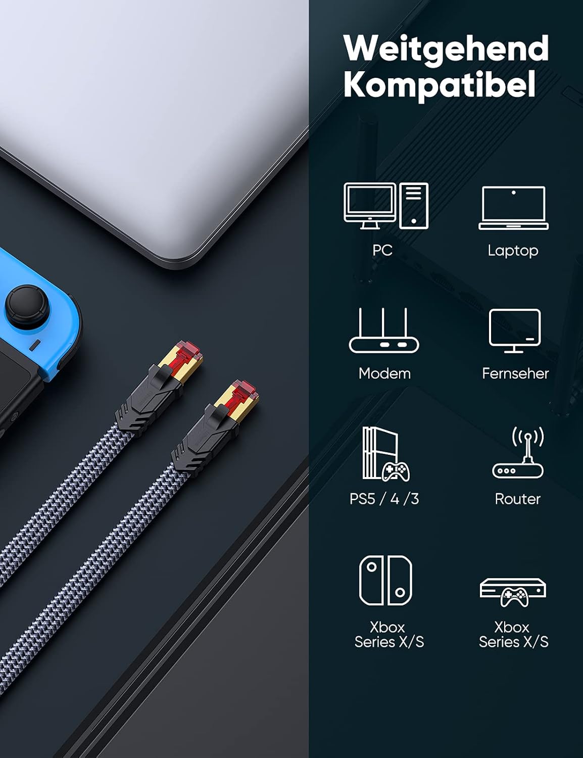 Snowkids Cat 8 Network Cable 5 m, 40 Gbps LAN Cable High Speed 2000 MHz S/FTP Ethernet Cable POE Gigabit RJ45 Nylon Braided Gold-Plated Patch Cable for PS5/4 Router Modem TV Switch Laptop