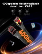 SNOWKIDS Cat 8 LAN Cable 3 m, 40 Gbps LAN Cable High Speed 2000 MHz S/FTP Ethernet Cable Gigabit RJ45 Nylon Braided Gold-Plated Patch Cable for PS/5/4 Router Modem TV Switch Laptop