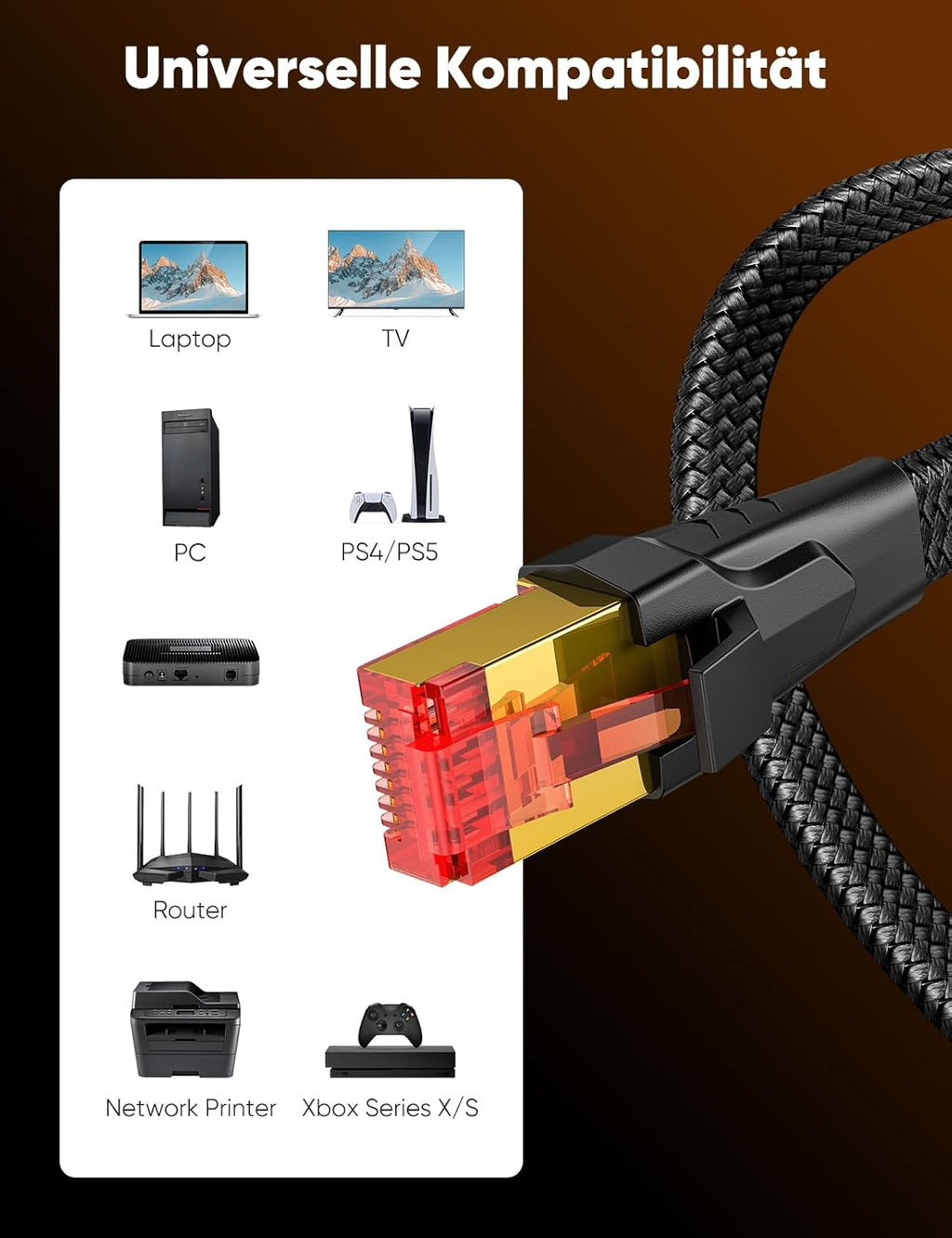 SNOWKIDS Cat 8 LAN Cable 3 m, 40 Gbps LAN Cable High Speed 2000 MHz S/FTP Ethernet Cable Gigabit RJ45 Nylon Braided Gold-Plated Patch Cable for PS/5/4 Router Modem TV Switch Laptop