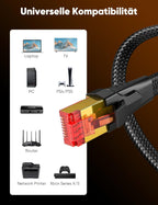 SNOWKIDS Cat 8 LAN Cable 3 m, 40 Gbps LAN Cable High Speed 2000 MHz S/FTP Ethernet Cable Gigabit RJ45 Nylon Braided Gold-Plated Patch Cable for PS/5/4 Router Modem TV Switch Laptop